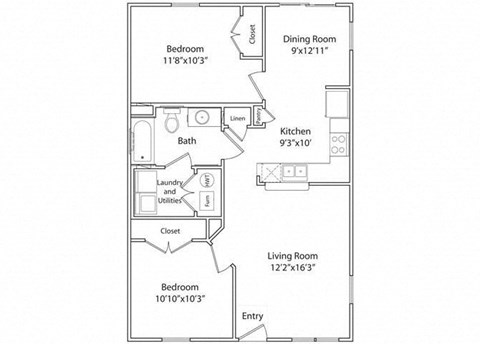 Floor plan for 2 beds, 1 bath, 864 sqft